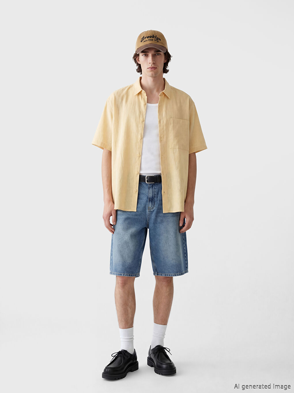 Sarı Rahat Kalıp Kısa Kollu Keten Görünümlü Erkek Gömlek-2