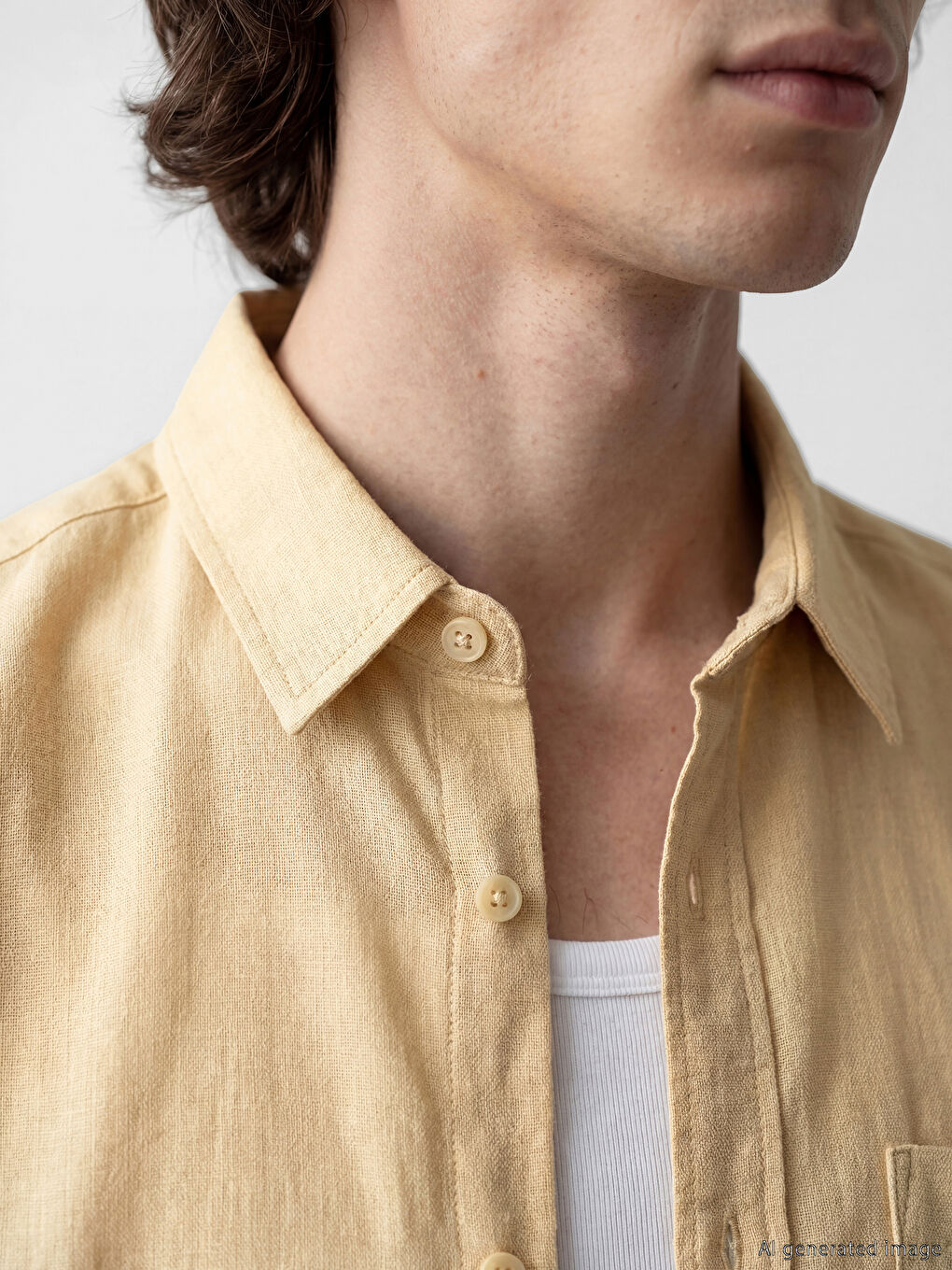 Sarı Rahat Kalıp Kısa Kollu Keten Görünümlü Erkek Gömlek-4