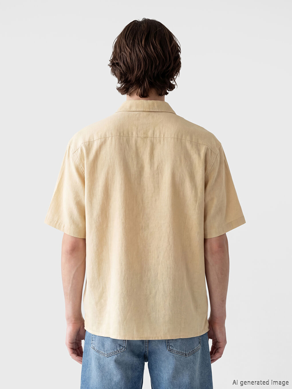 Sarı Rahat Kalıp Kısa Kollu Keten Görünümlü Erkek Gömlek-6