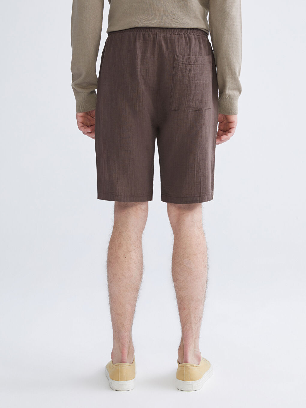 Kahverengi Rahat Kalıp Keten Görünümlü Erkek Şort-3
