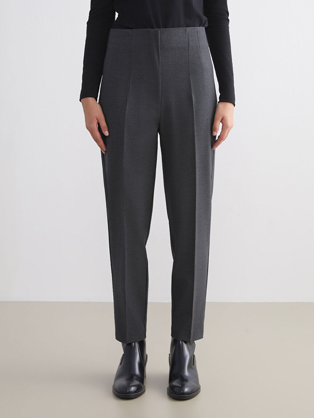 Gri Yüksek Bel Cigarette Kadın Pileli Pantolon-1