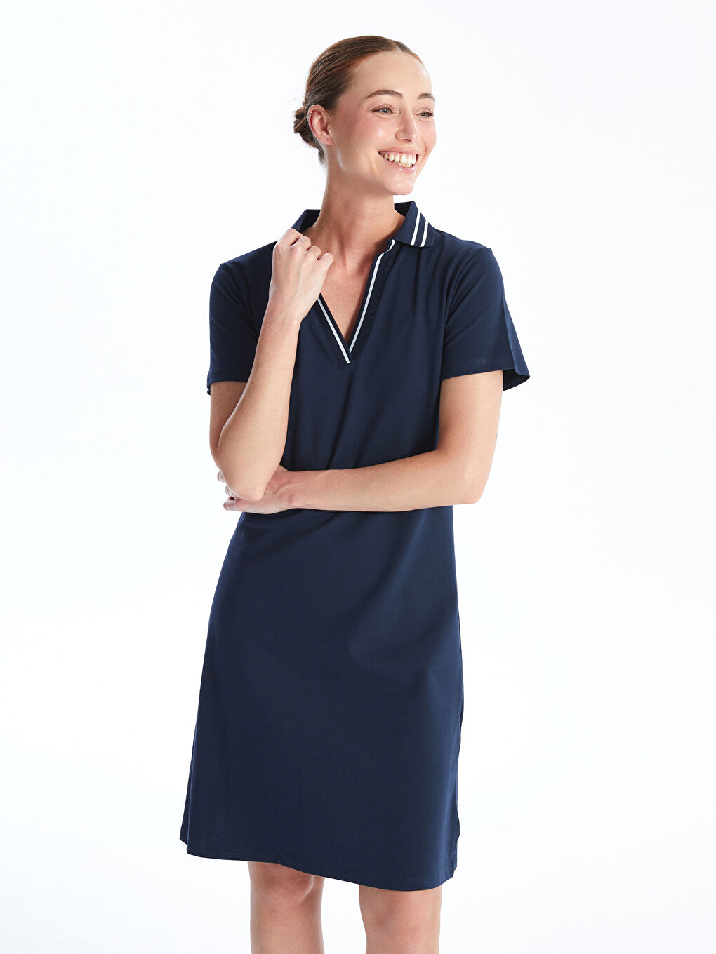 Lacivert Polo Yaka Pike Elbise-2