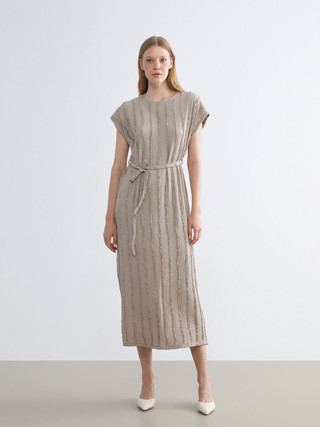 Bej Bisiklet Yaka Çizgili Elbise-1