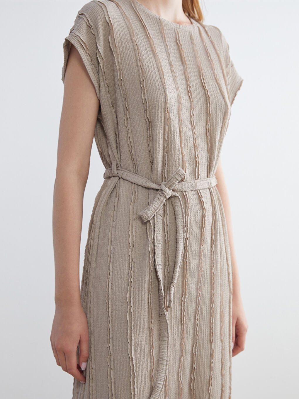 Bej Bisiklet Yaka Çizgili Elbise-2