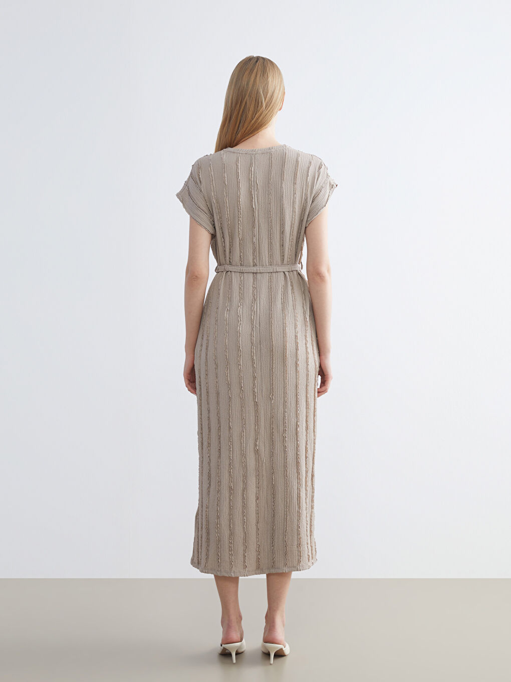 Bej Bisiklet Yaka Çizgili Elbise-3