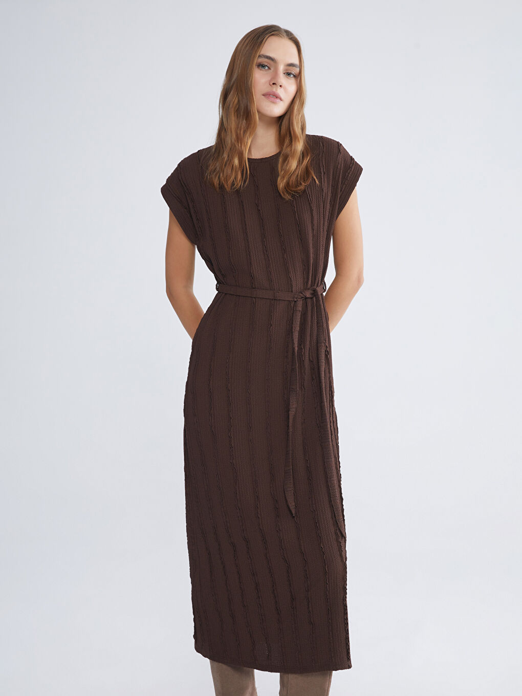 Kahverengi Bisiklet Yaka Çizgili Elbise