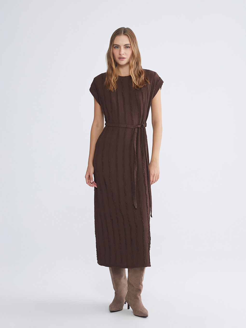 Kahverengi Bisiklet Yaka Çizgili Elbise-1