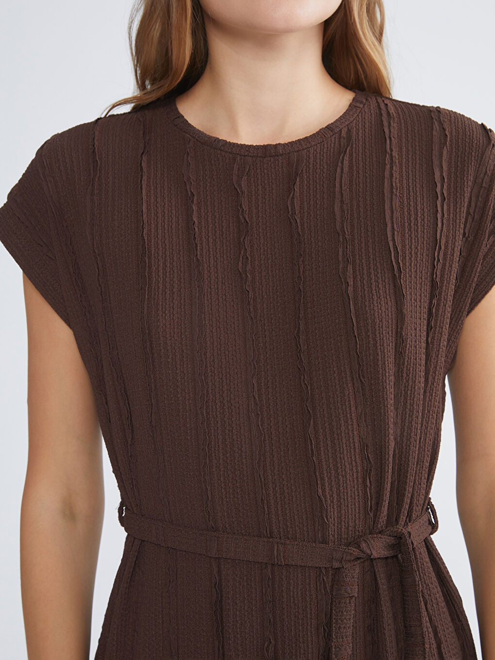 Kahverengi Bisiklet Yaka Çizgili Elbise-2