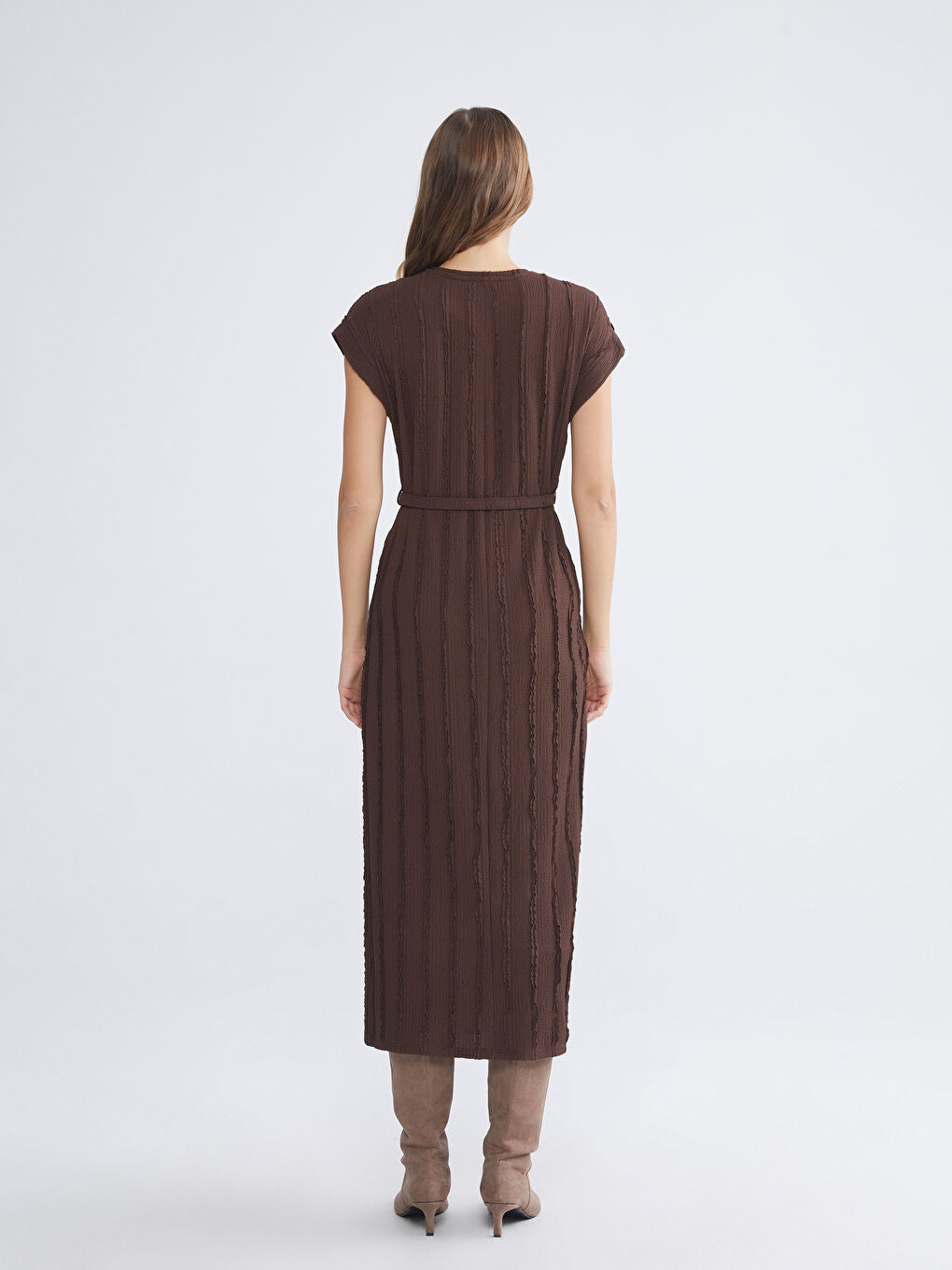 Kahverengi Bisiklet Yaka Çizgili Elbise-3