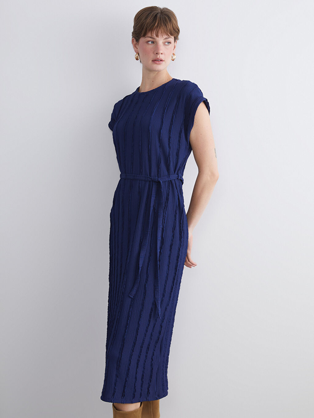 Lacivert Bisiklet Yaka Çizgili Elbise-1