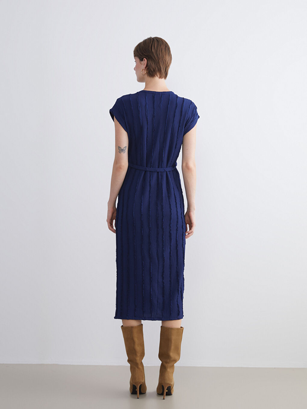 Lacivert Bisiklet Yaka Çizgili Elbise-3