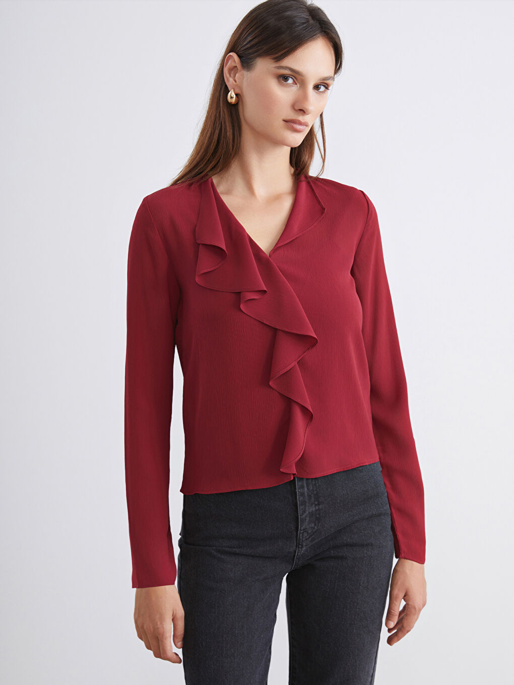 Bordo Kaçık Yaka Fırfırlı Bluz