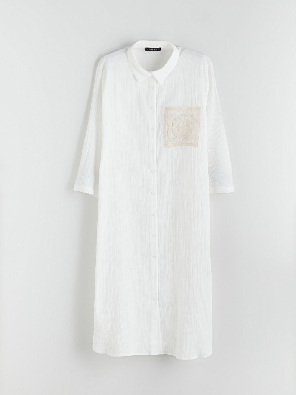 Beyaz Dokulu Kroşe Detaylı Gömlek Elbise-4