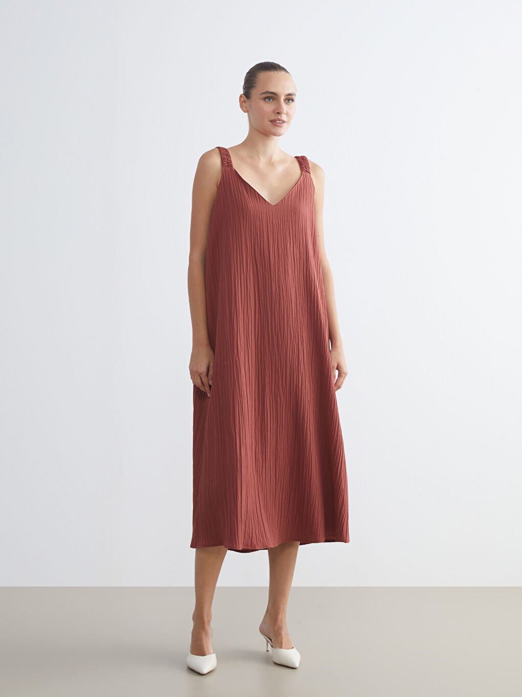 Turuncu V Yaka Dokulu Elbise-1