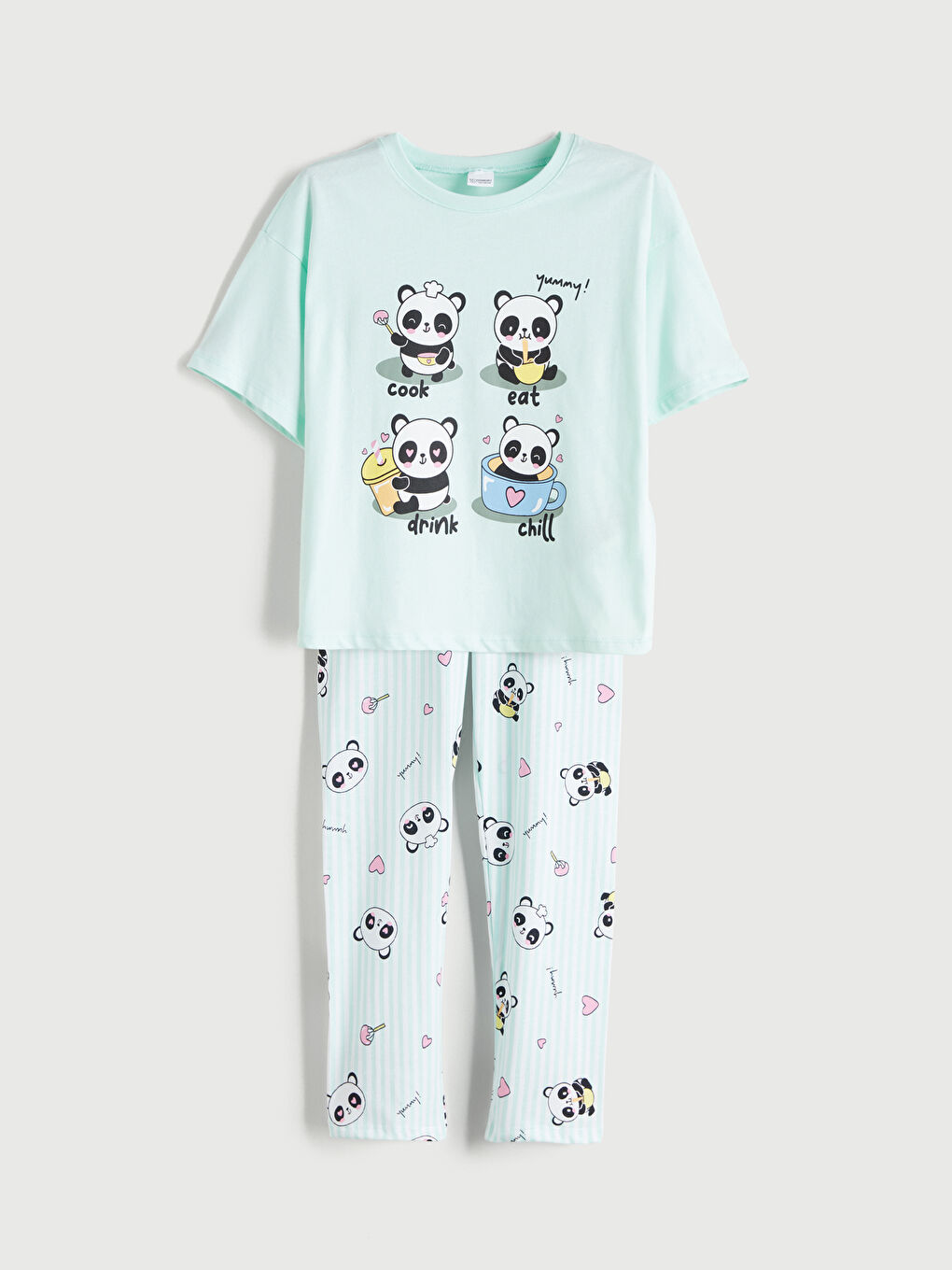 Turkuaz Bisiklet Yaka Baskılı Kız Çocuk Pijama Takımı