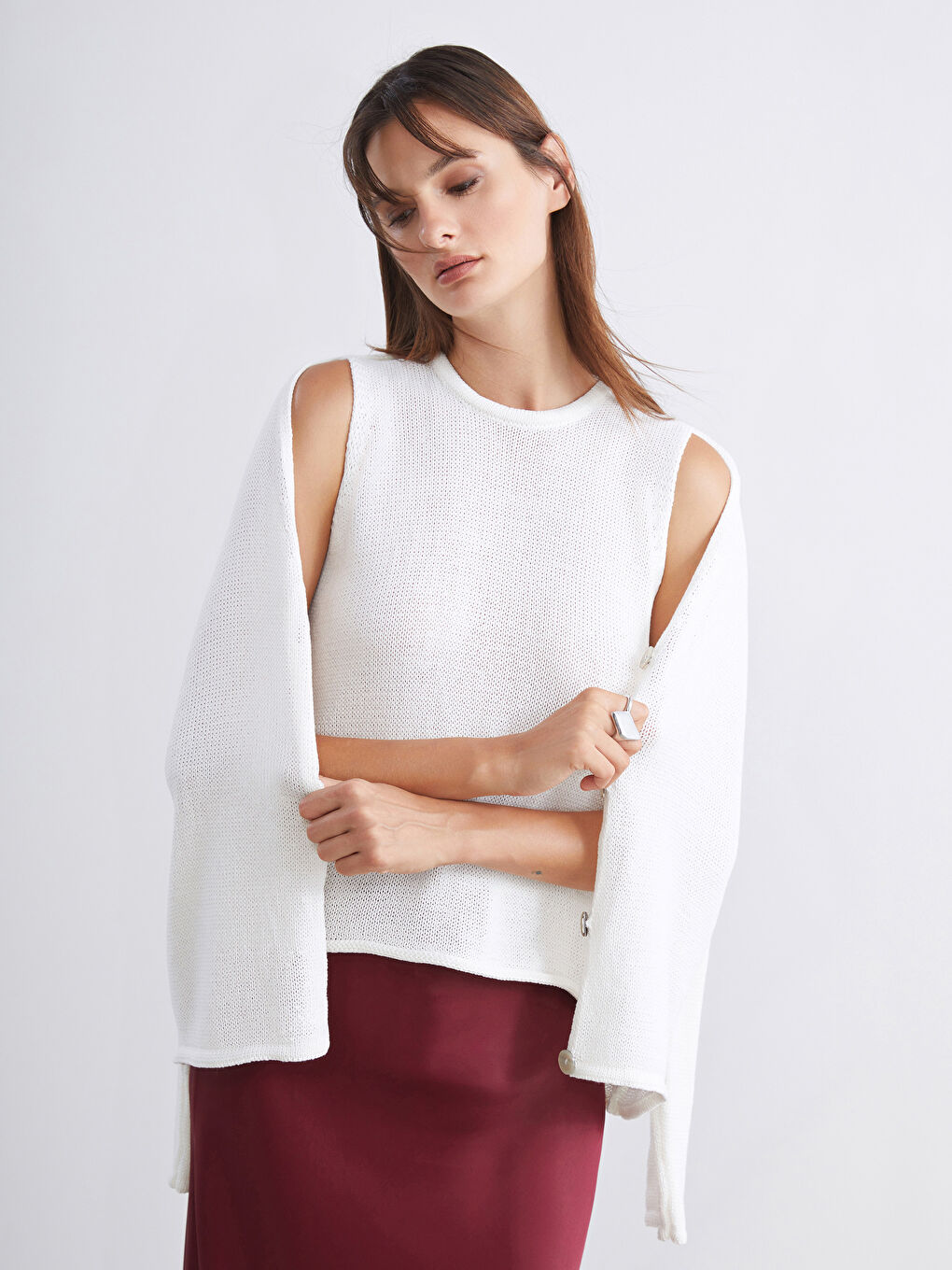 Ekru Bisiklet Yaka Kadın Triko Atlet