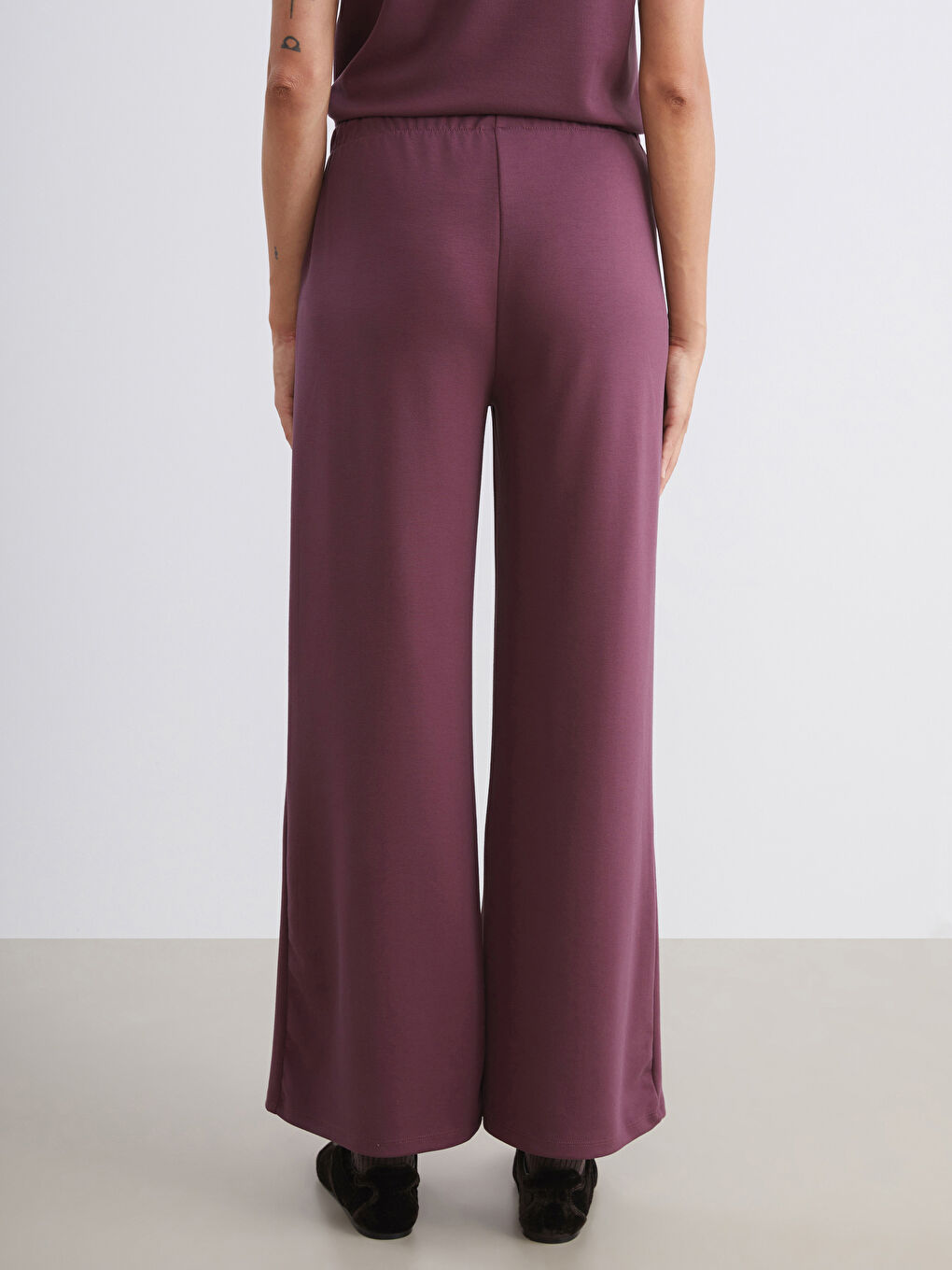 Bordo Beli Lastikli Geniş Paça Kadın Eşofman Altı-3