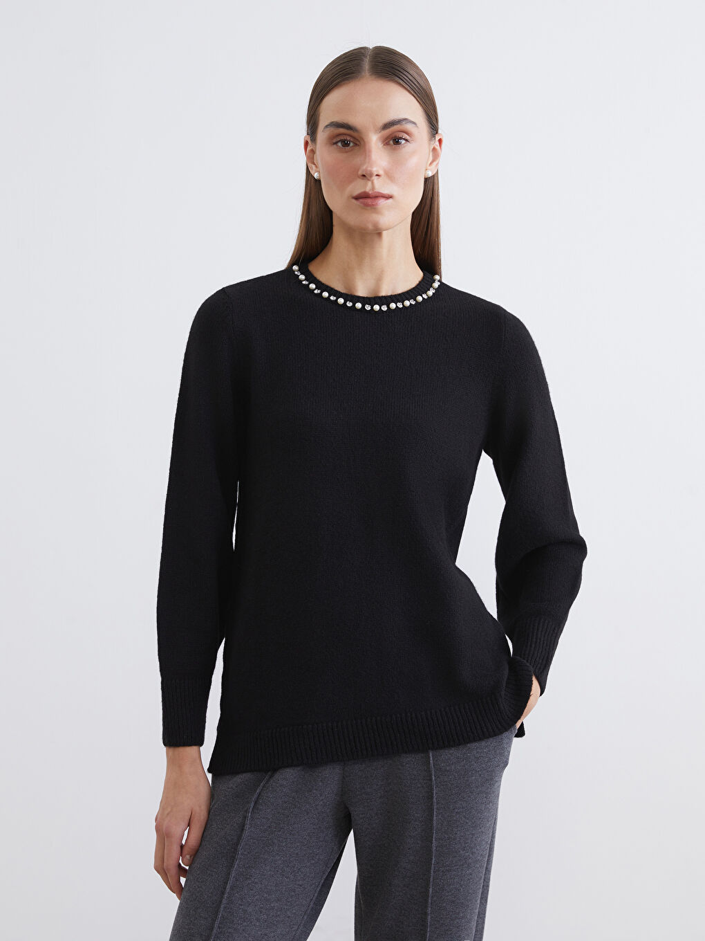 Crew Neck Rhinestone Embellished Women's Knit Sweater