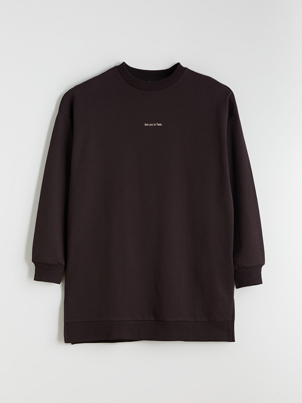 Kahverengi Paris Nakışlı Kadın Sweatshirt Tunik-4