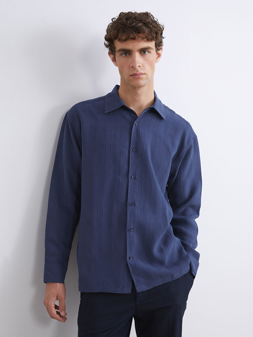 İndigo Regular Fit Uzun Kollu Armürlü Erkek Gömlek