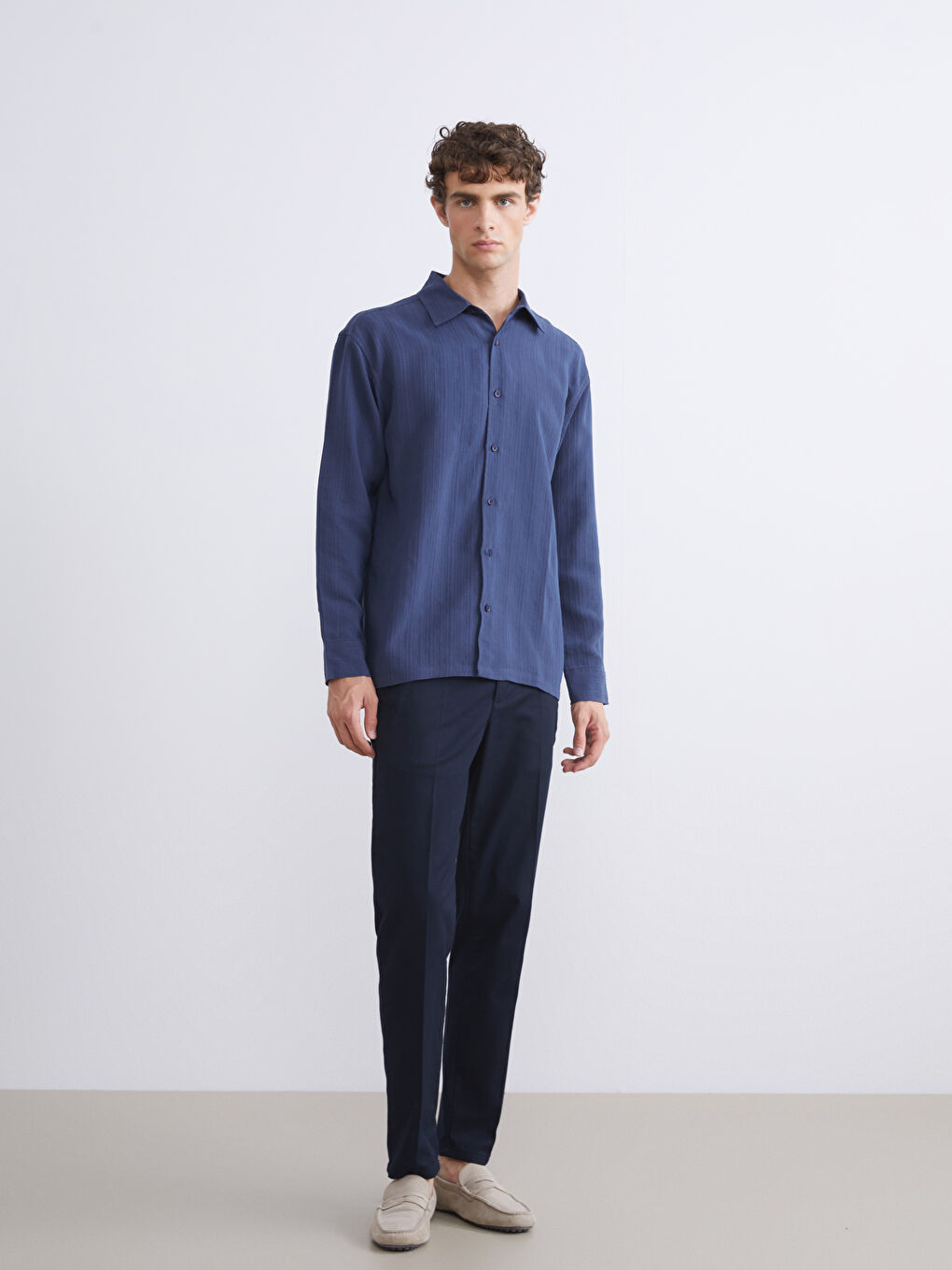 İndigo Regular Fit Uzun Kollu Armürlü Erkek Gömlek-1