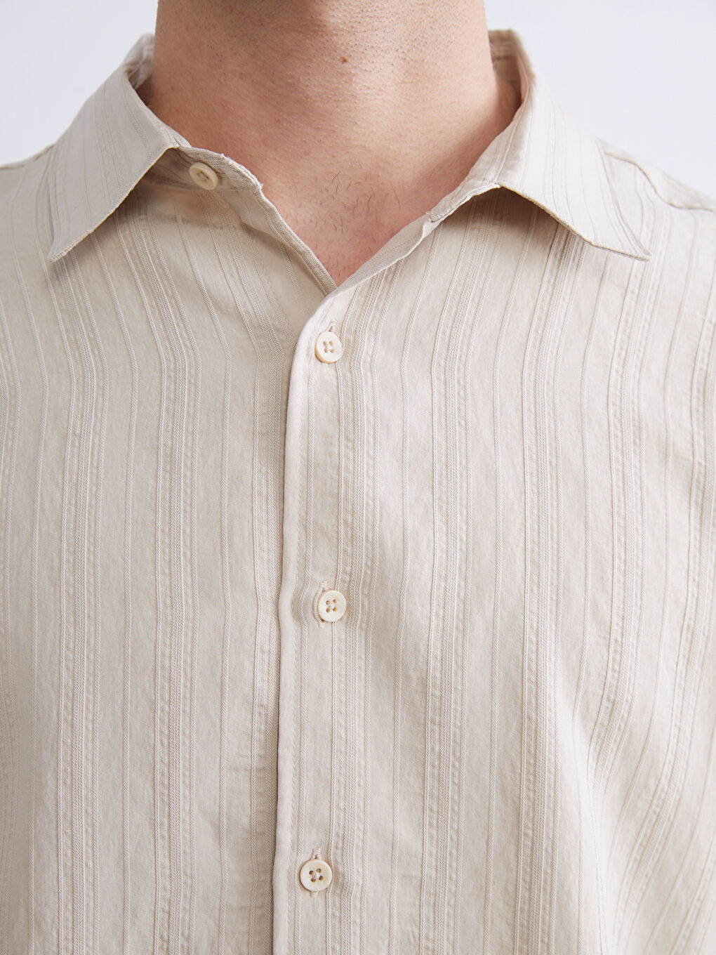 Bej Regular Fit Uzun Kollu Armürlü Erkek Gömlek-2