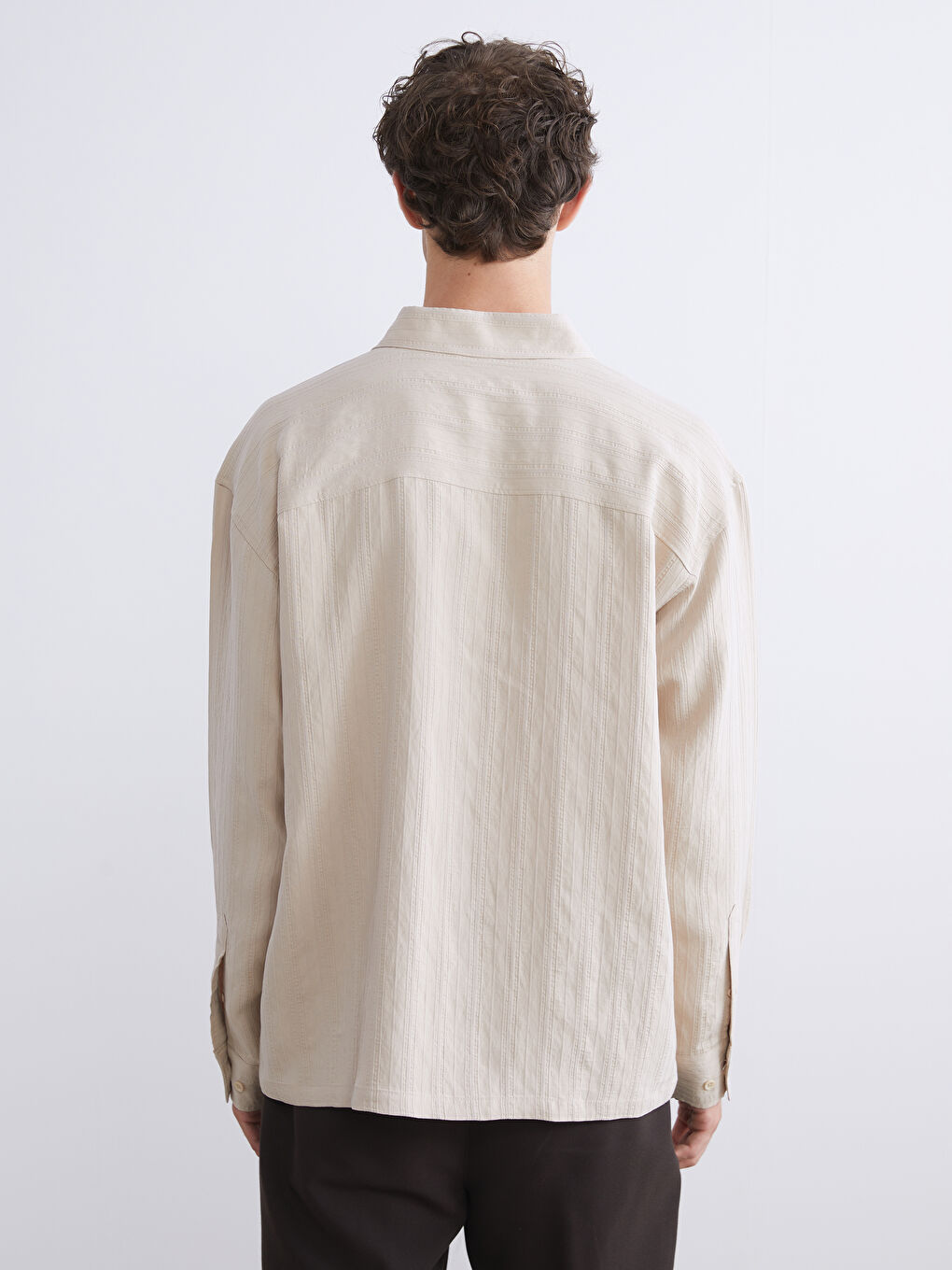 Bej Regular Fit Uzun Kollu Armürlü Erkek Gömlek-3