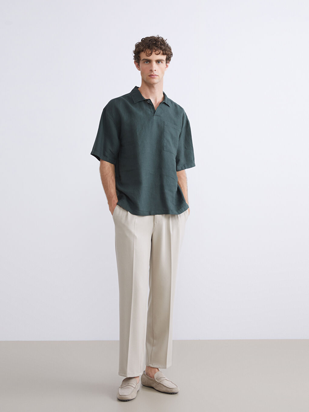 Yeşil Regular Fit Kısa Kollu %100 Keten Erkek Gömlek-1