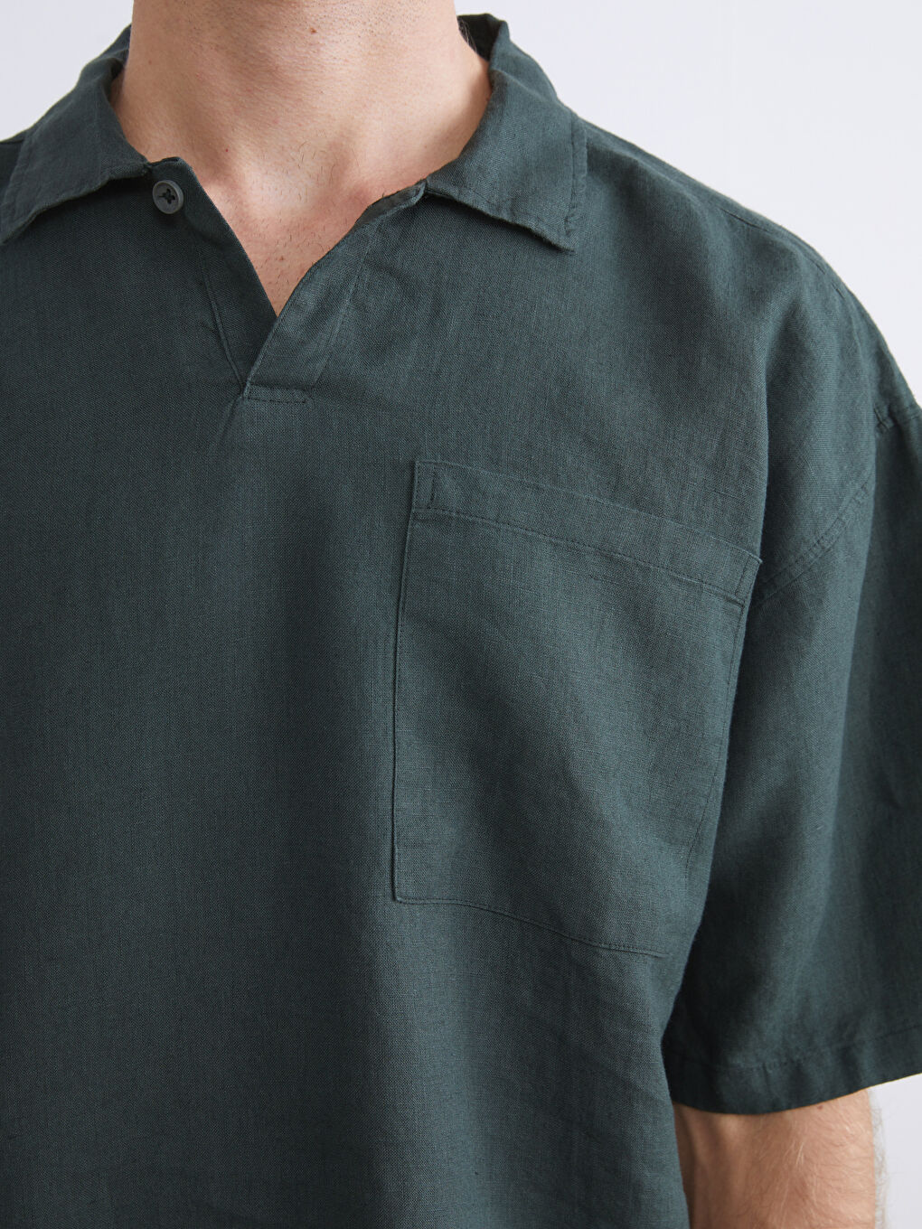 Yeşil Regular Fit Kısa Kollu %100 Keten Erkek Gömlek-2