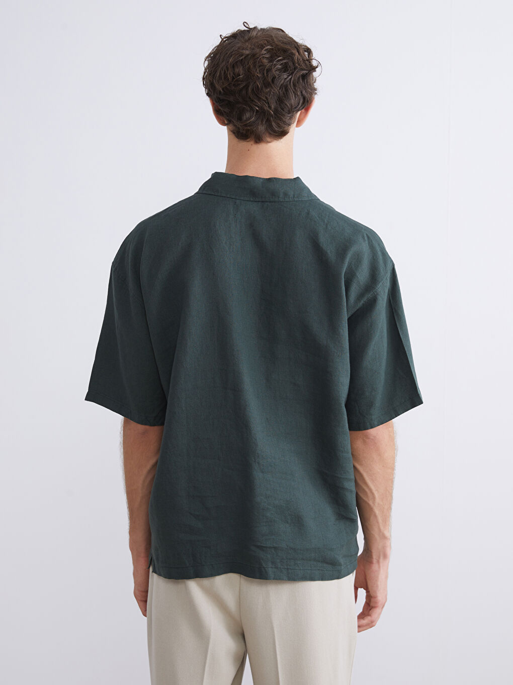 Yeşil Regular Fit Kısa Kollu %100 Keten Erkek Gömlek-3