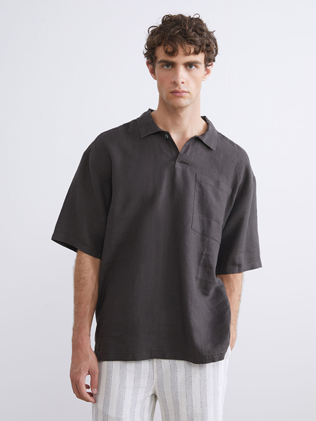 Kahverengi Regular Fit Kısa Kollu %100 Keten Erkek Gömlek