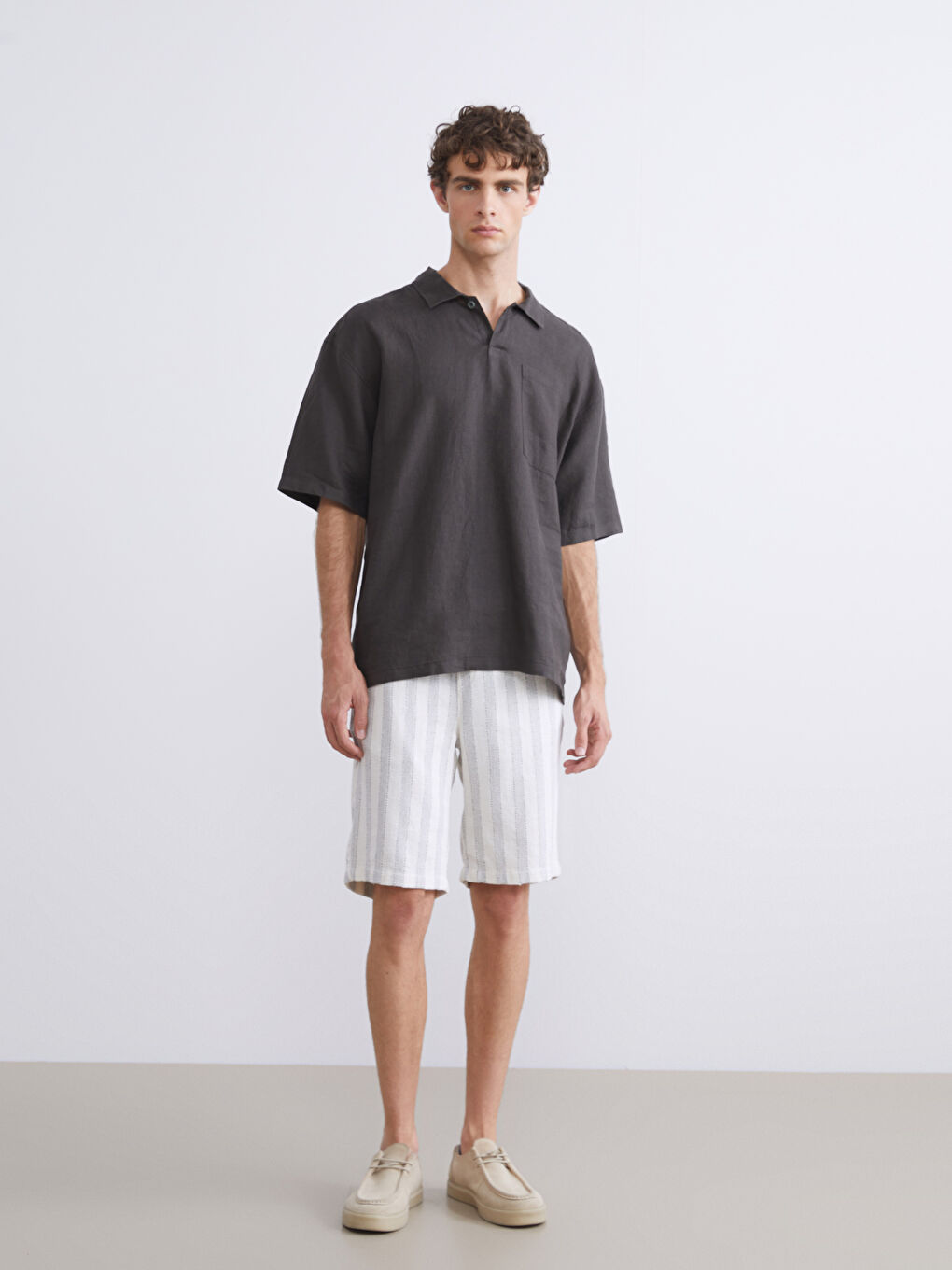 Kahverengi Regular Fit Kısa Kollu %100 Keten Erkek Gömlek-1