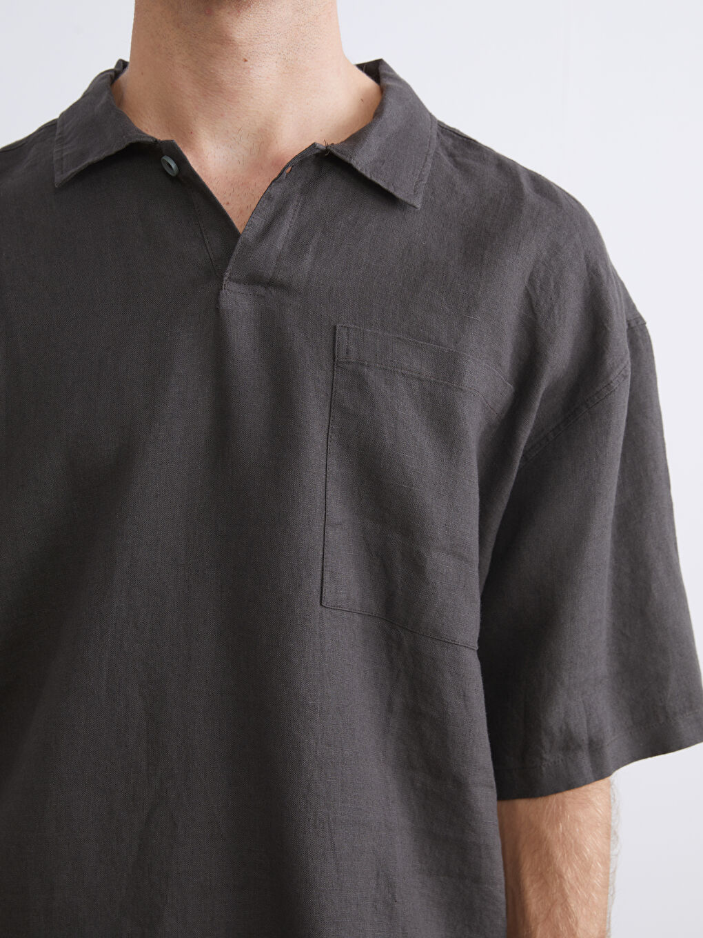 Kahverengi Regular Fit Kısa Kollu %100 Keten Erkek Gömlek-2