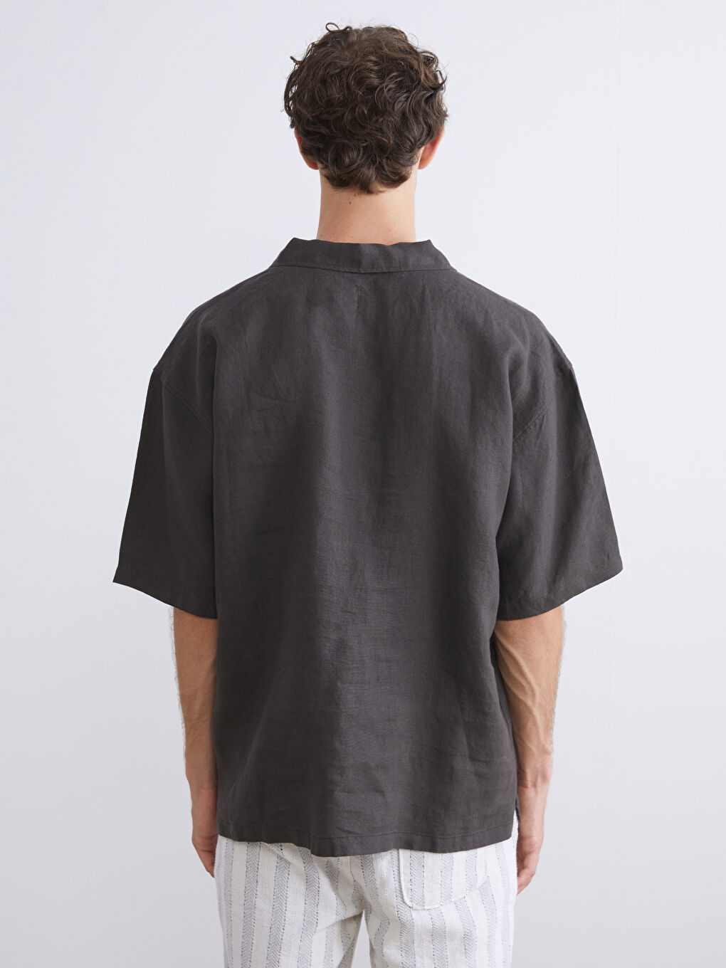 Kahverengi Regular Fit Kısa Kollu %100 Keten Erkek Gömlek-3