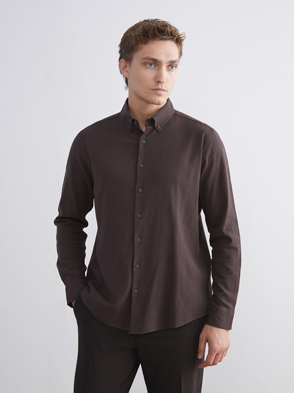 Kahverengi Regular Fit Uzun Kollu Erkek Gömlek