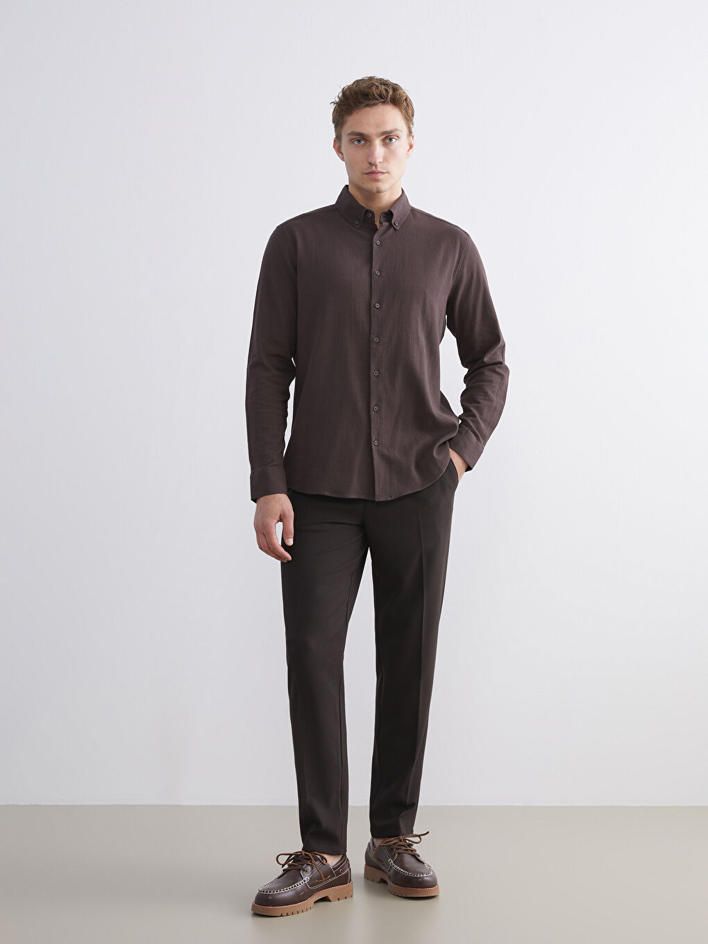 Kahverengi Regular Fit Uzun Kollu Erkek Gömlek-1