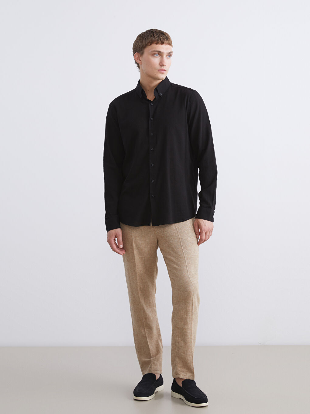 Siyah Regular Fit Uzun Kollu Erkek Gömlek-1