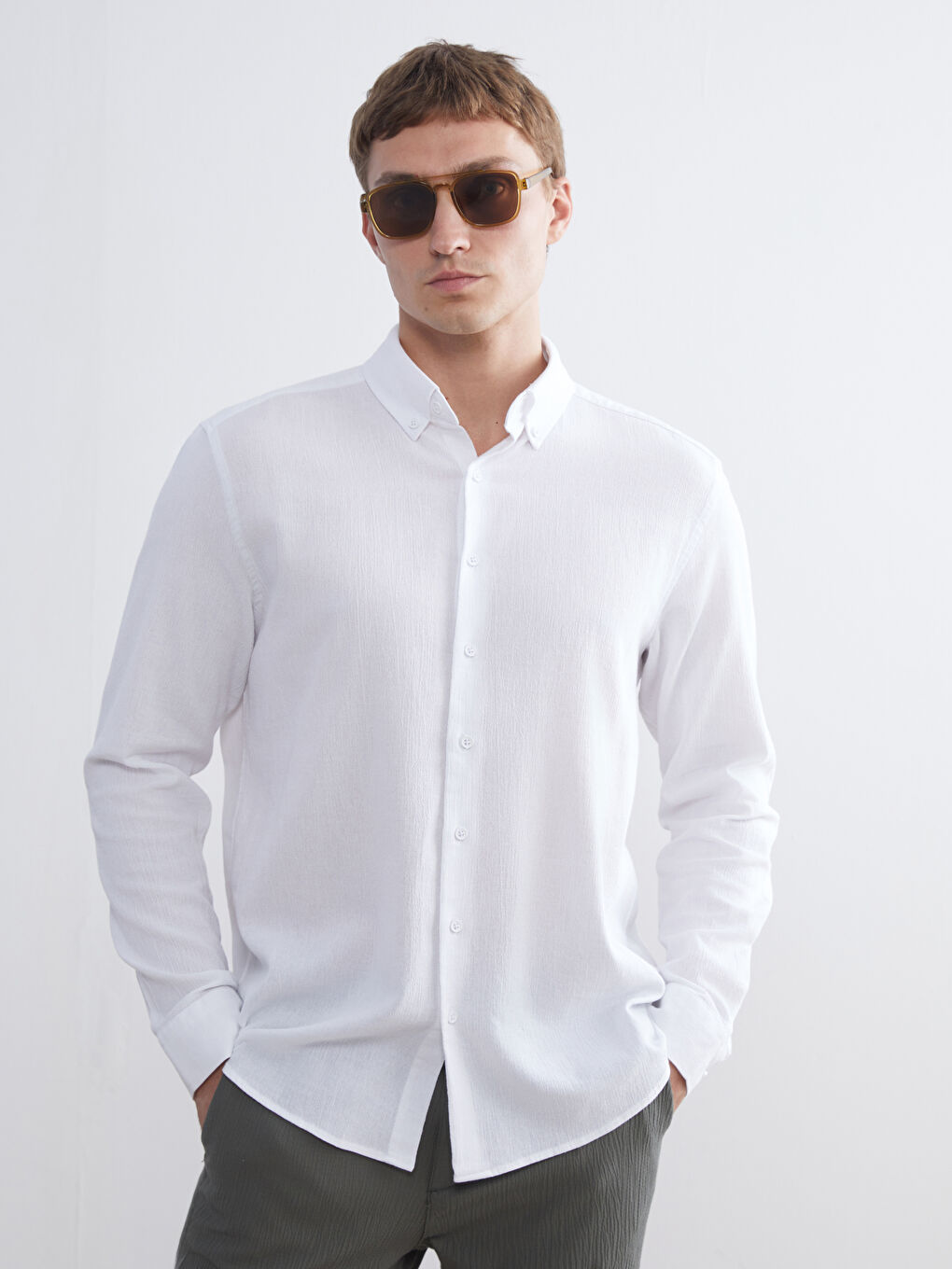 Ekru Regular Fit Uzun Kollu Erkek Gömlek