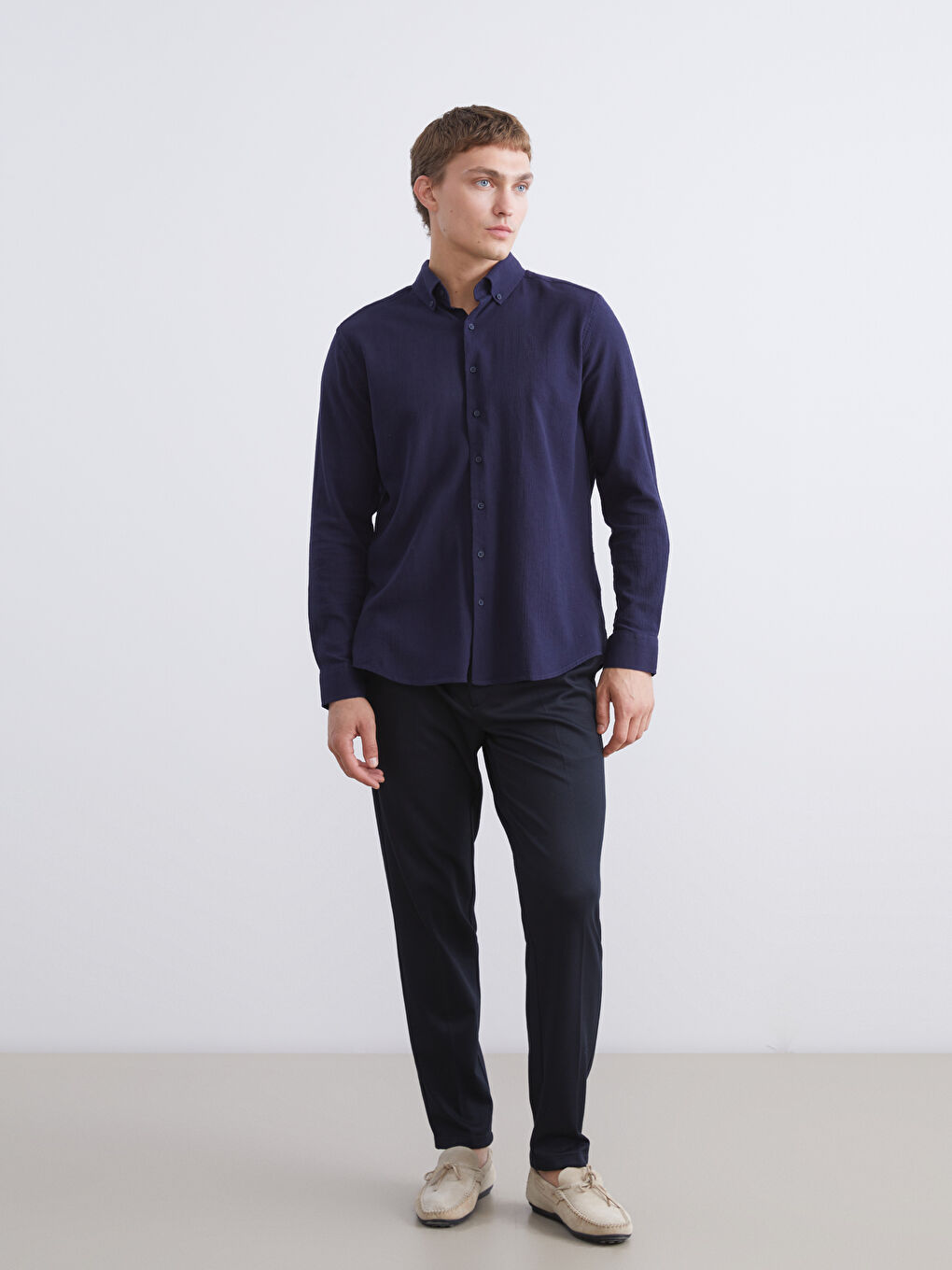 Lacivert Regular Fit Uzun Kollu Erkek Gömlek-1