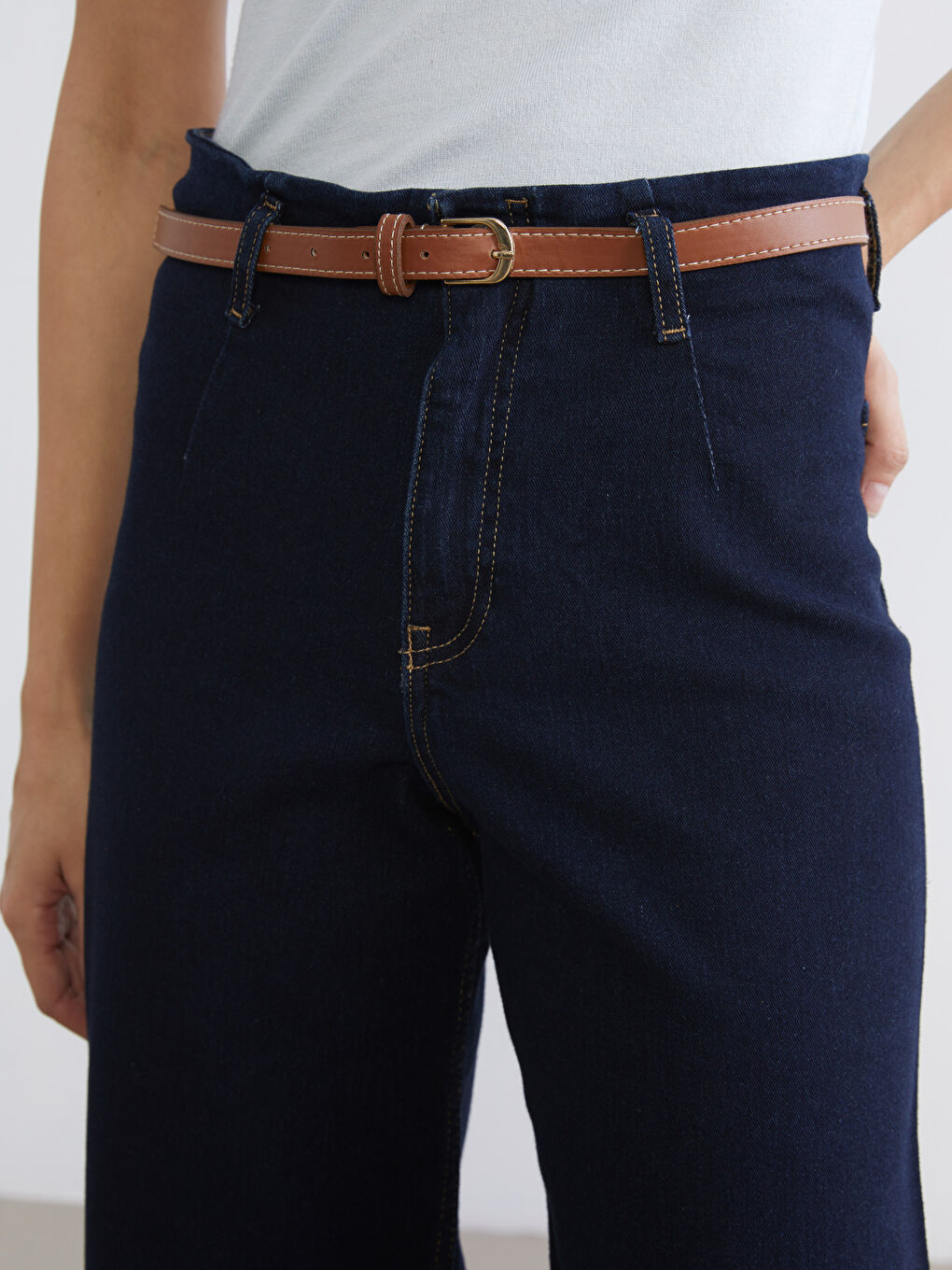 İndigo Beli Kemerli Wideleg Kadın Jean Pantolon-2