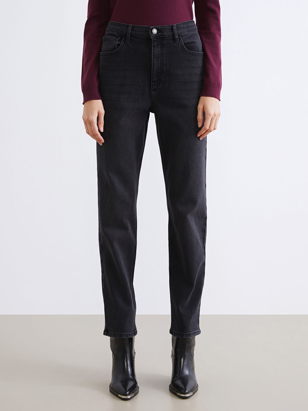 Antrasit Mom Fit Kadın Jean Pantolon-1