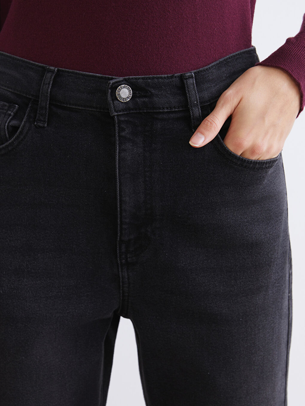 Antrasit Mom Fit Kadın Jean Pantolon-2