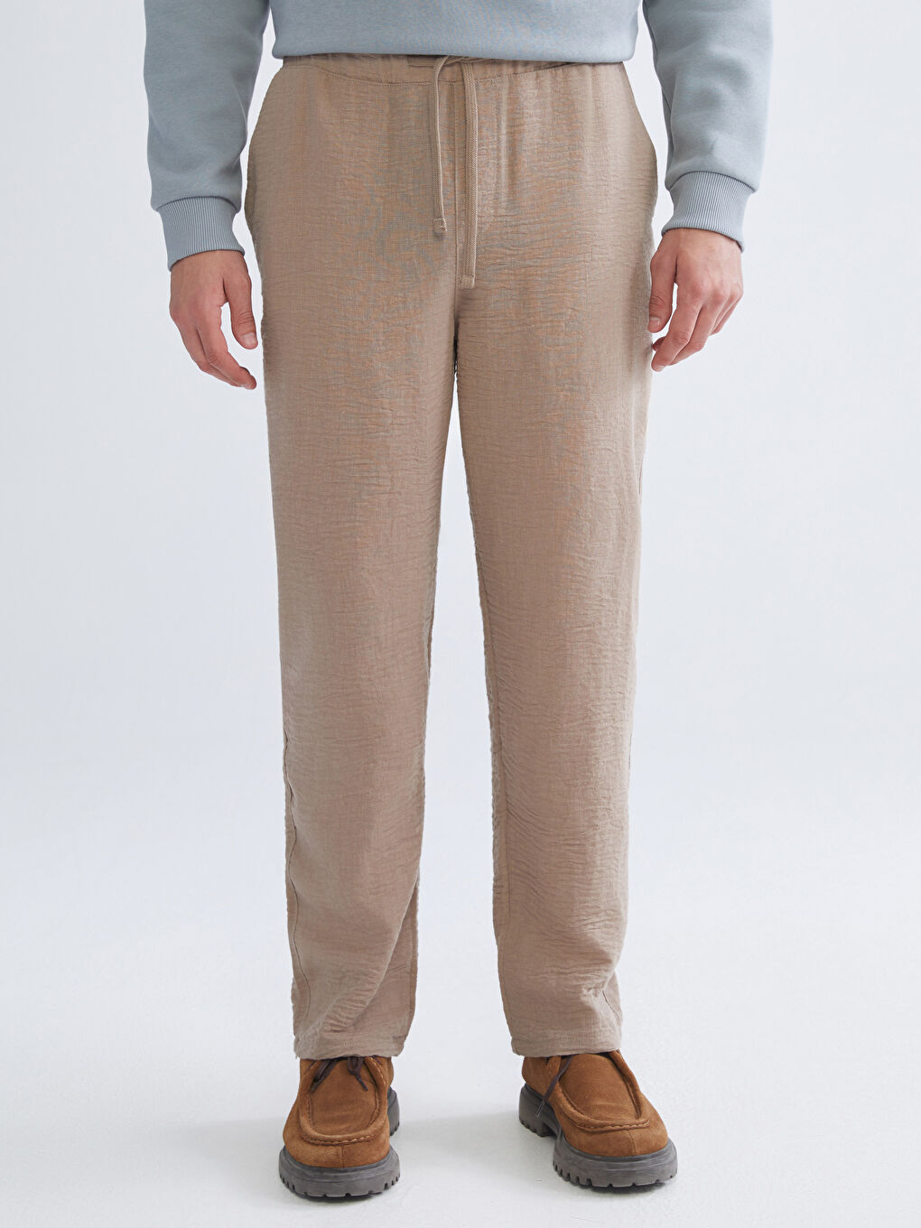 Bej Rahat Kalıp Keten Görünümlü Erkek Pantolon-1