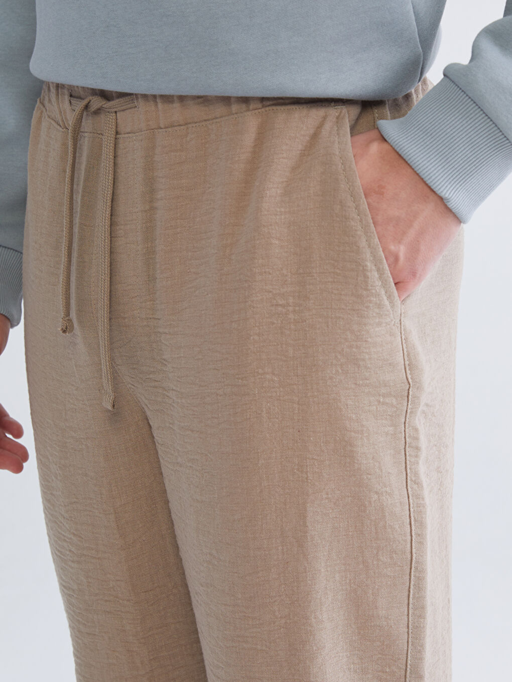 Bej Rahat Kalıp Keten Görünümlü Erkek Pantolon-2