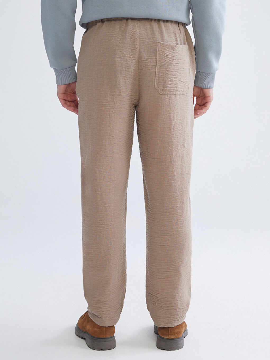Bej Rahat Kalıp Keten Görünümlü Erkek Pantolon-3