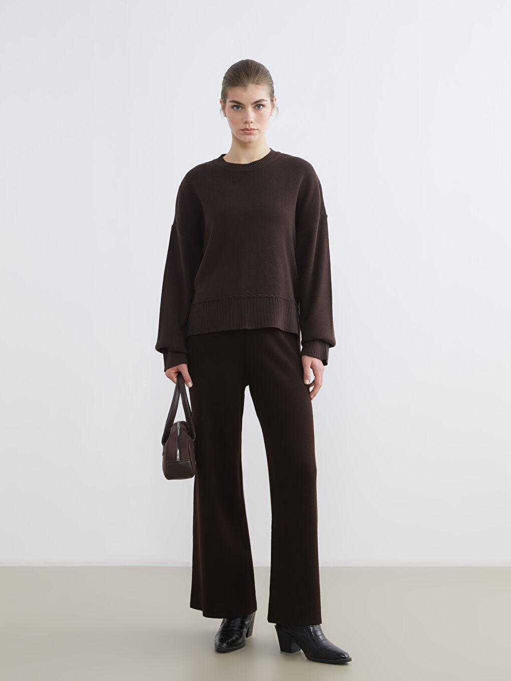 Kahverengi Bisiklet Yaka Kadın Triko Kazak-1