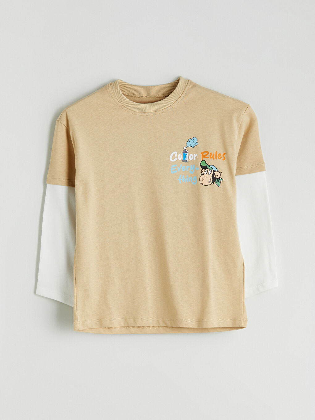 Bej Bisiklet Yaka Nostaljik Maymun Baskılı Erkek Çocuk Tişört-1