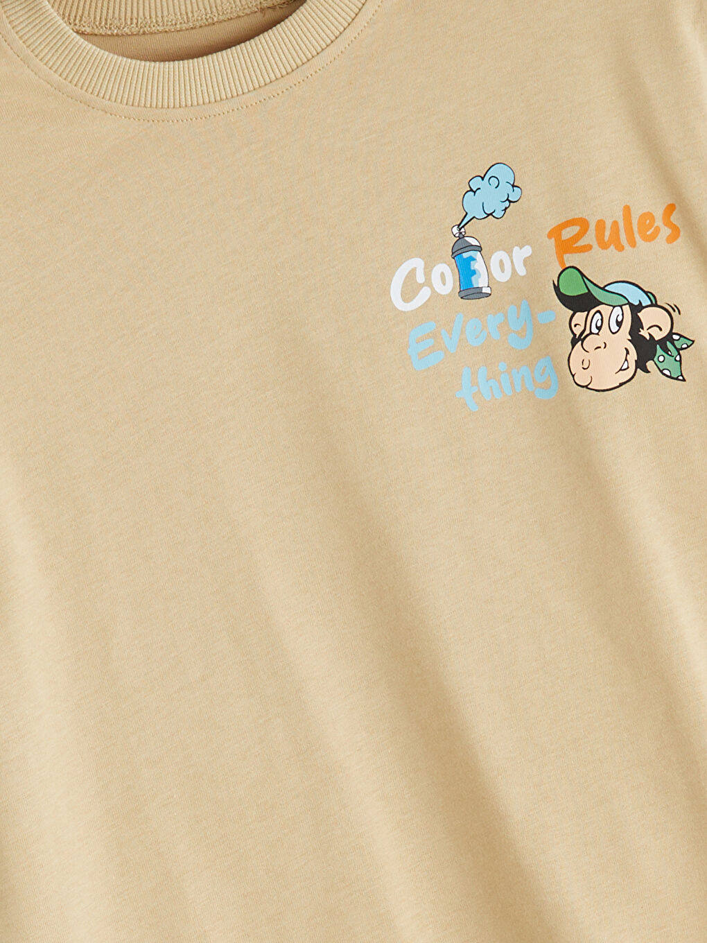 Bej Bisiklet Yaka Nostaljik Maymun Baskılı Erkek Çocuk Tişört-2