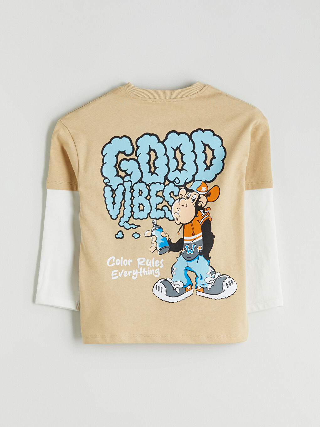 Bej Bisiklet Yaka Nostaljik Maymun Baskılı Erkek Çocuk Tişört-3