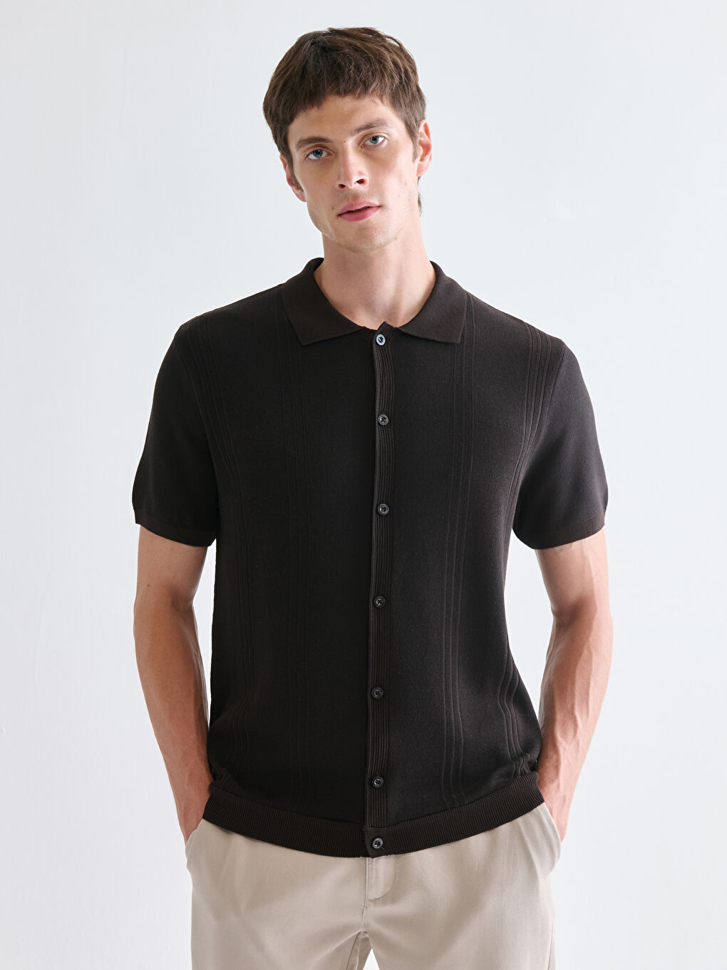 Kahverengi Standart Kalıp Polo Yaka Erkek Triko Hırka